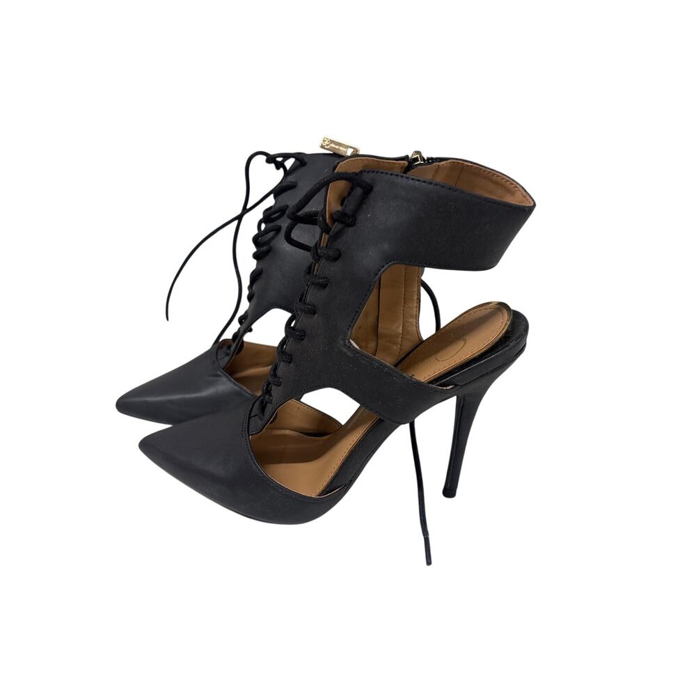 Jessica Simpson 6 Black Faux Leather Lace Up Cut Out Stiletto Heel Bootie Pumps